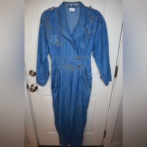 RARE FIND!!! Vintage 80s/90s Beaded And Studded Starry Denim Jumpsuit Size 8